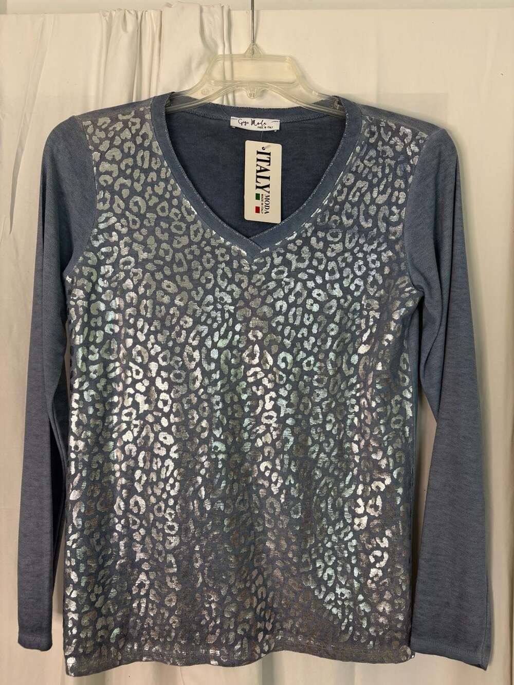 Gigi Moda Made in Italy Blue Metallic Silver Leopard Print V-Neck Long Sleeve
